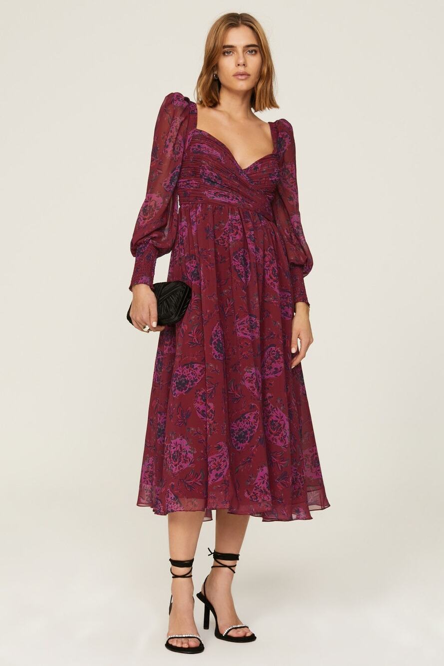 Badgley Mischka Floral Midi Dress 2 Pink Open Back Smocked $750